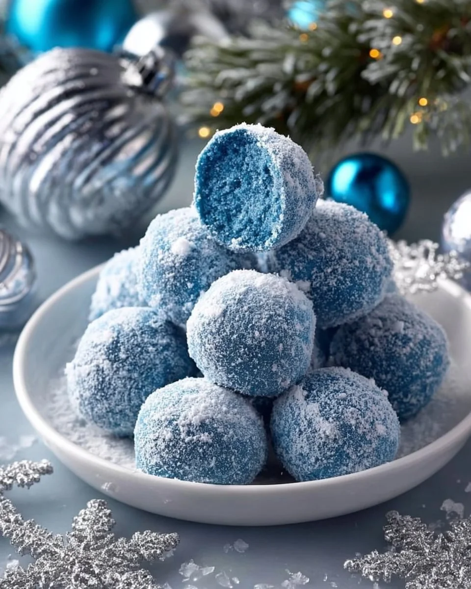 Blue Christmas Truffles decorated with festive blue sprinkles on a white plate.