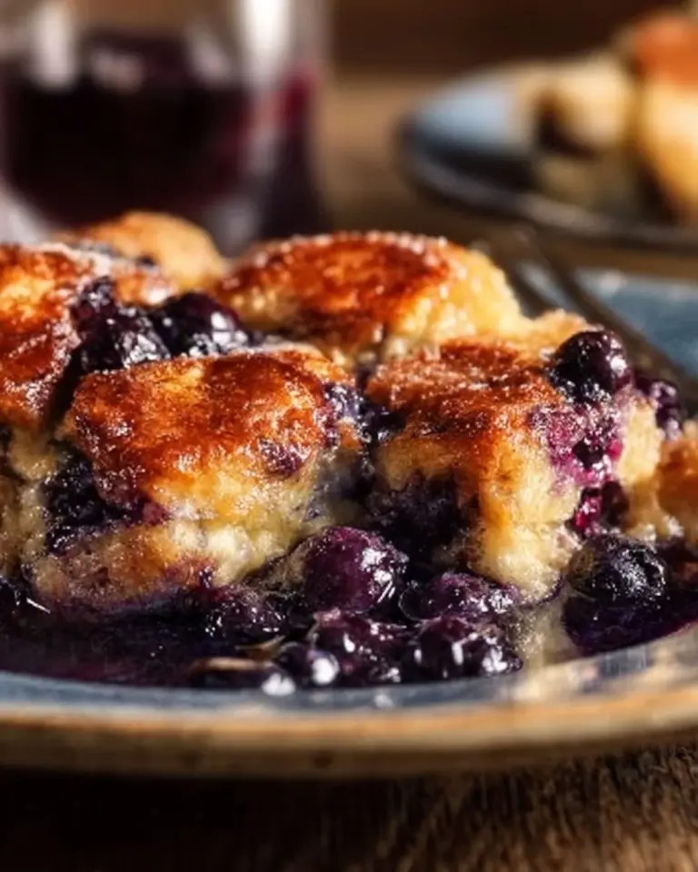 Blueberry Lemon French Toast Casserole baked dish with fresh blueberries and lemon zest