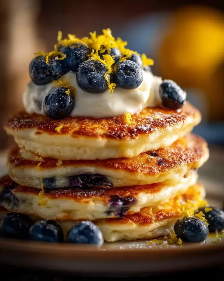 Delicious blueberry lemon ricotta pancakes on a plate