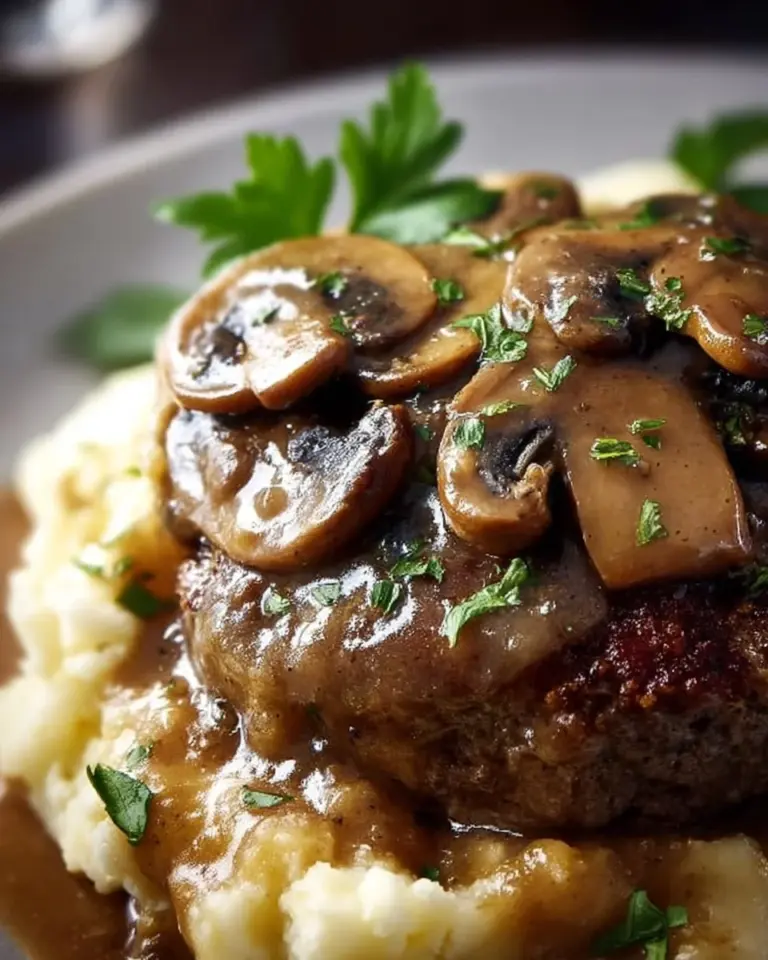 Bobby Flay's Salisbury steak topped with mushroom gravy on a plate