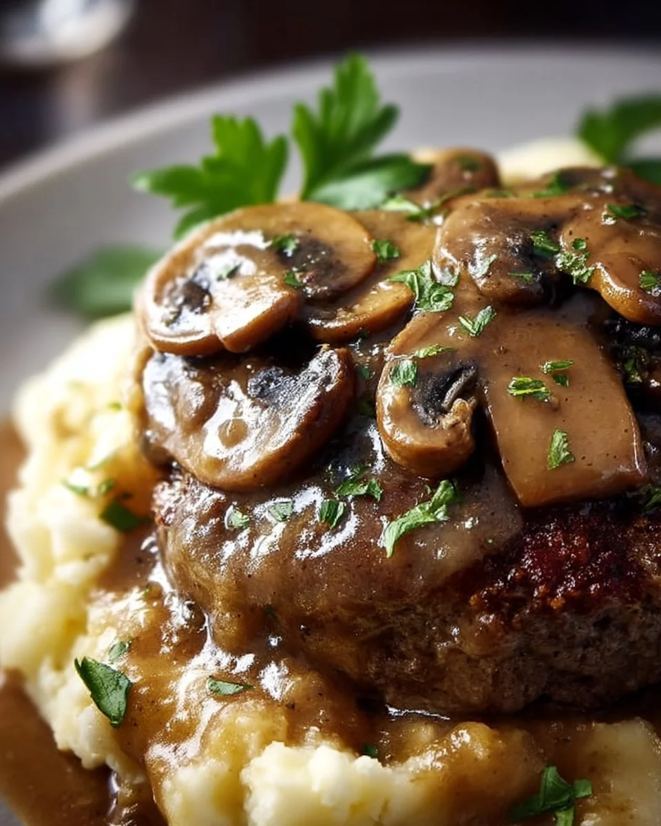 Bobby Flay's Salisbury steak topped with mushroom gravy on a plate