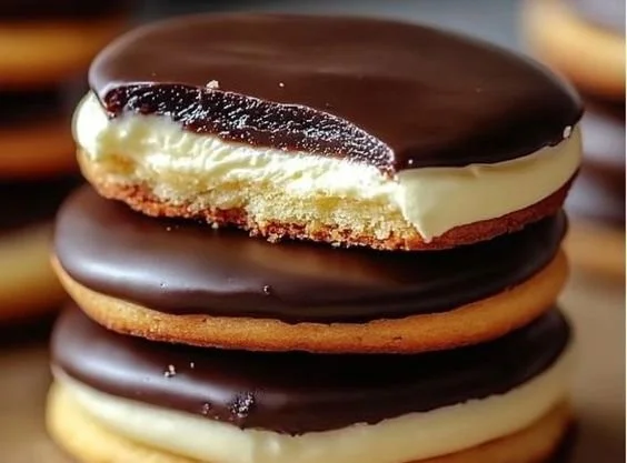 Boston Cream Pie Cookies topped with chocolate and vanilla cream filling