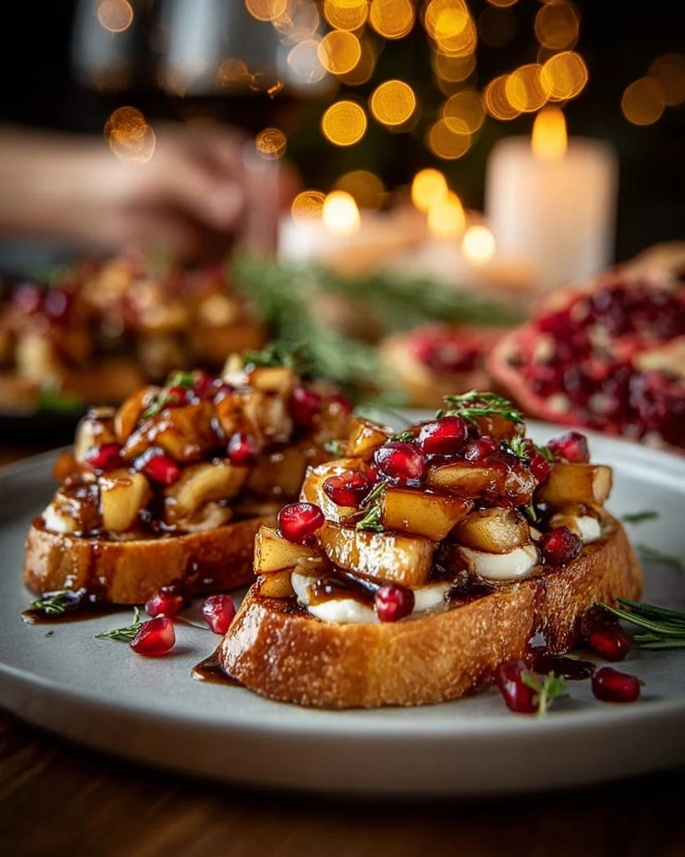 Brie and Pear Crostini with fresh herbs on a wooden serving board