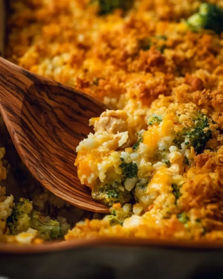 Broccoli Cheddar Chicken Casserole baked with rice and topped with cheese