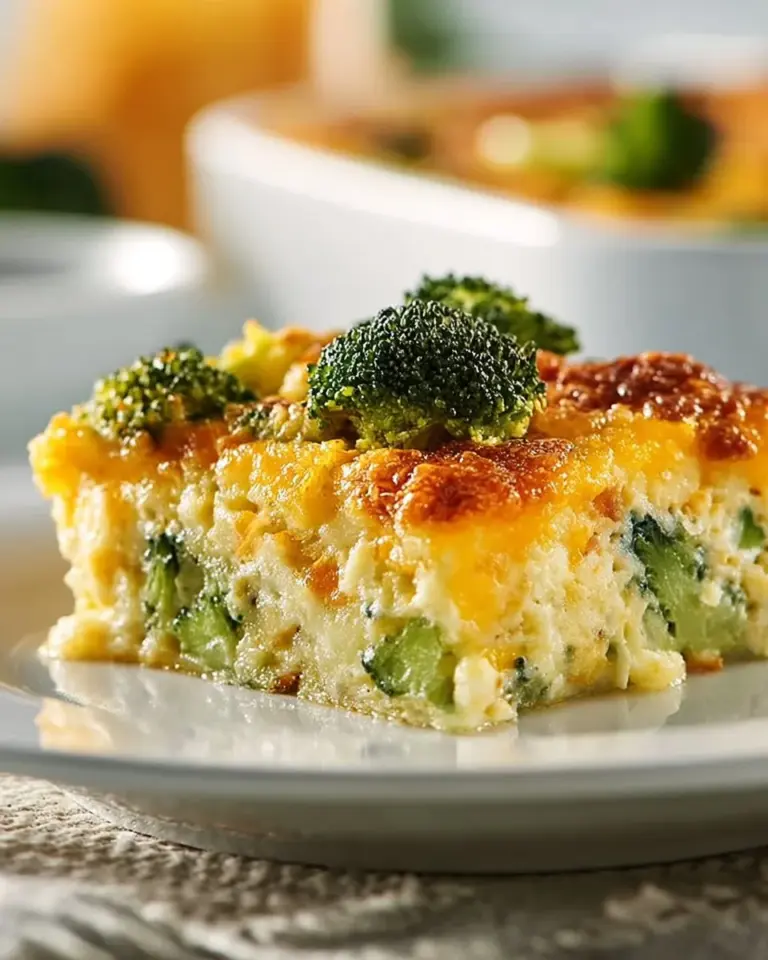 Delicious Broccoli Cheese Rice Casserole served in a baking dish