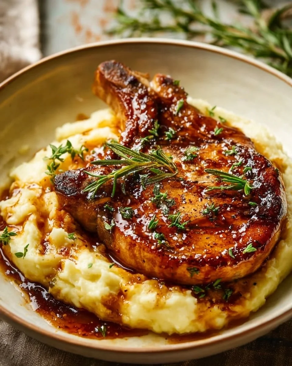Delicious brown sugar pork chops served on a plate with garnishes.