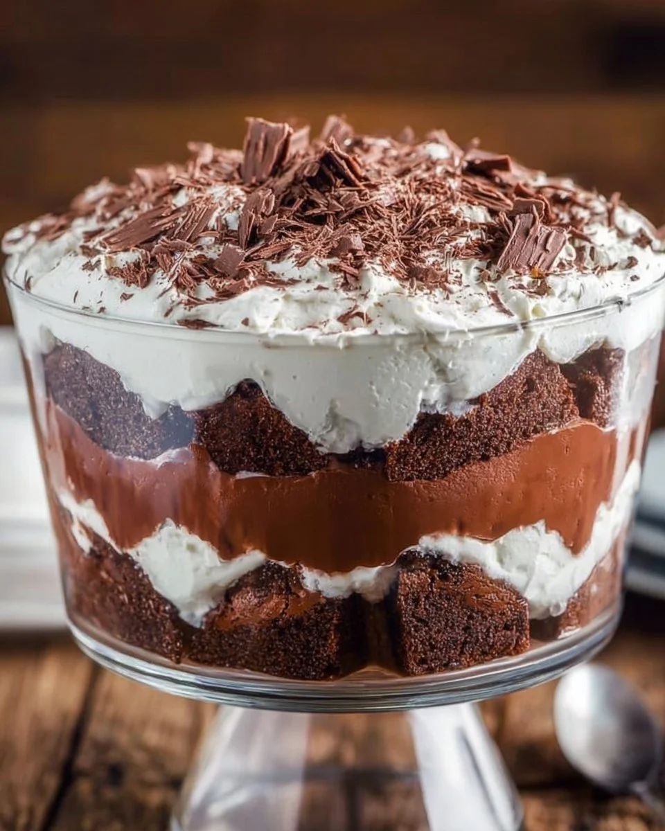 Delicious brownie trifle layered with chocolate and whipped cream dessert