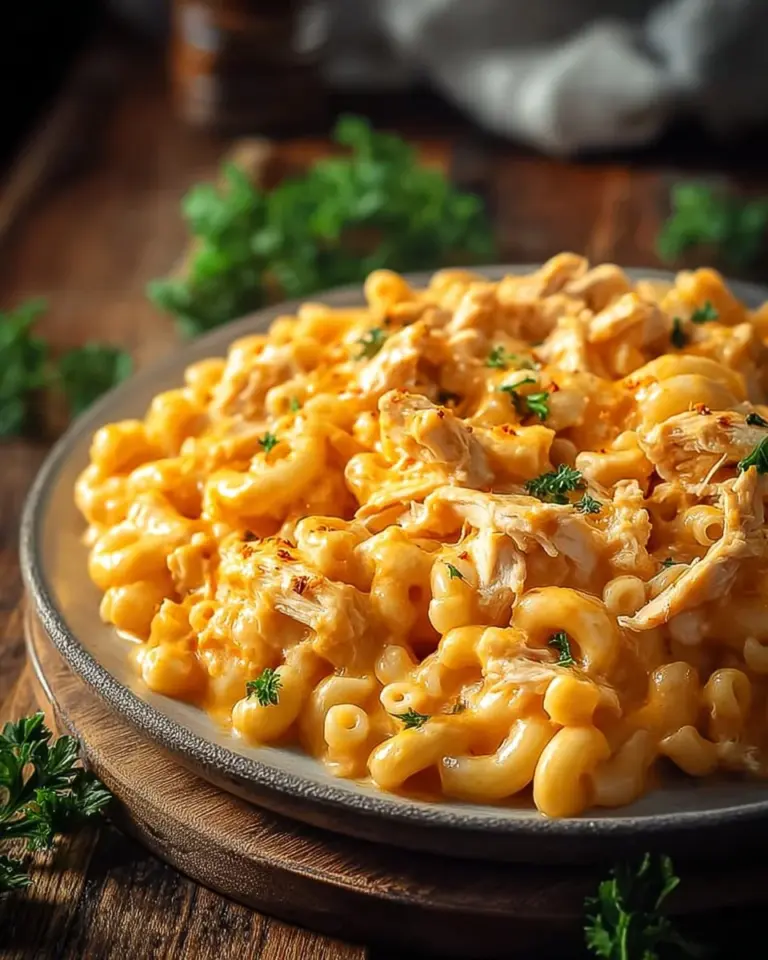 Buffalo Chicken Macaroni and Cheese topped with melted cheese and spicy chicken.
