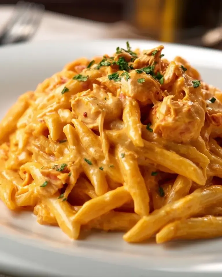 Plate of creamy Buffalo Chicken Pasta garnished with green onions