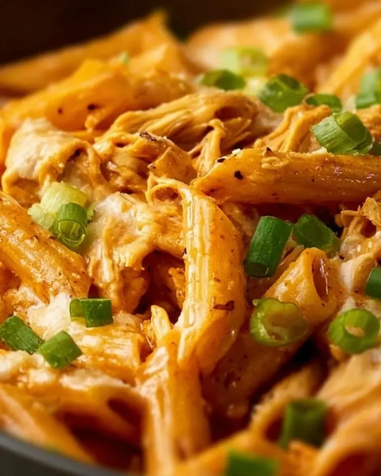 Buffalo Chicken Pasta Bake with melted cheese and spicy buffalo sauce