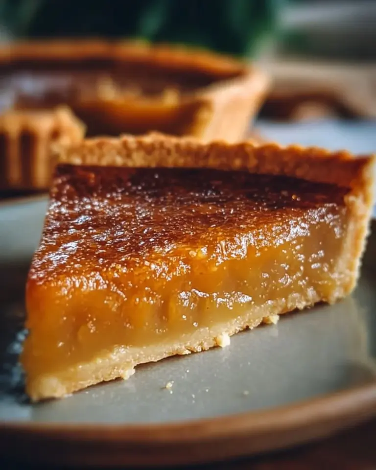 Slice of Burnt Honey Pie topped with whipped cream on a wooden table