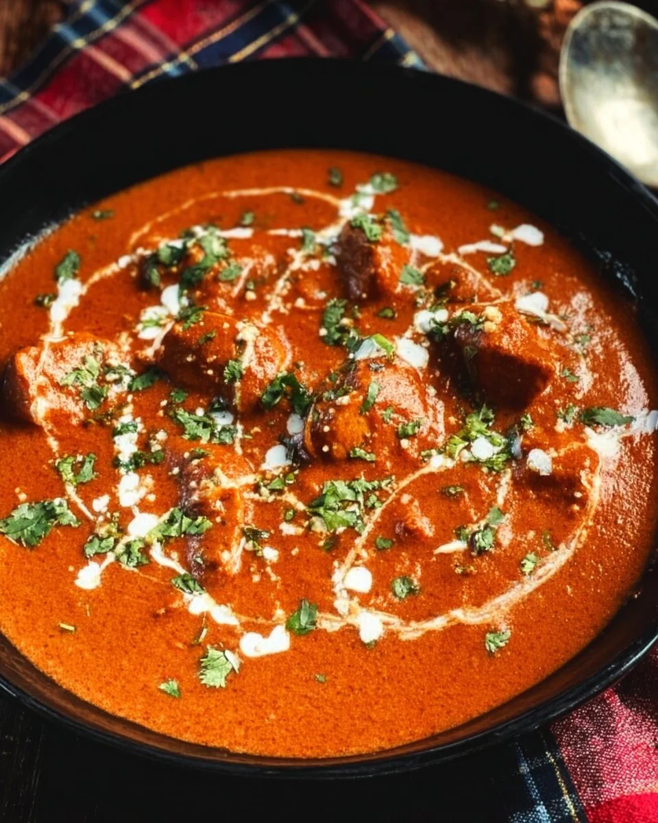 Delicious Butter Chicken served with rice and naan bread