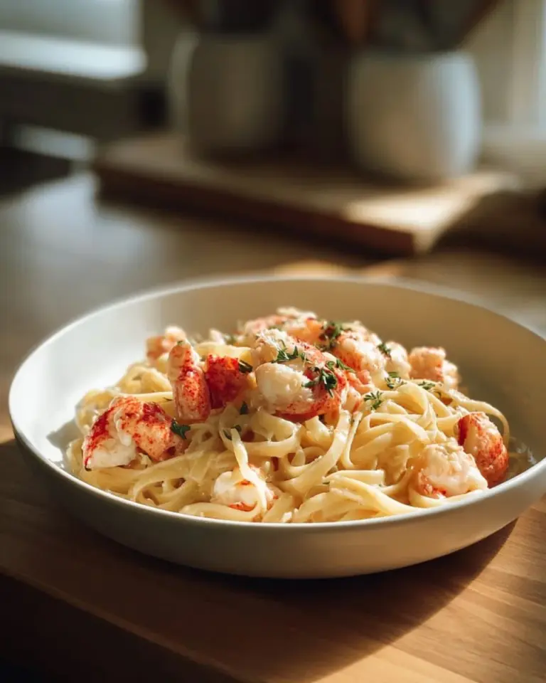 Plate of buttered lobster pasta garnished with herbs and lemon.