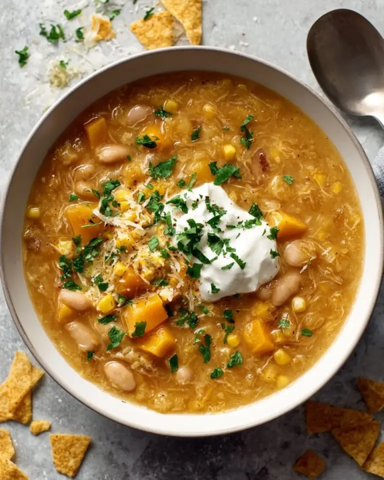 A bowl of creamy butternut chicken chili topped with fresh herbs.