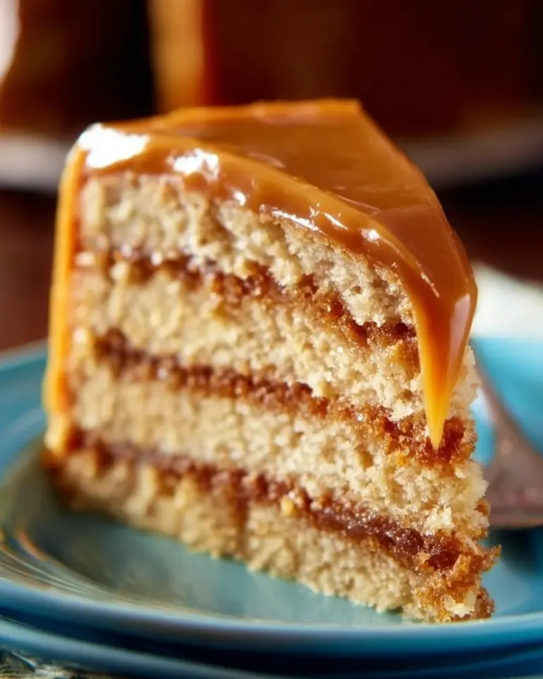Delicious butterscotch cake topped with creamy frosting and caramel drizzle