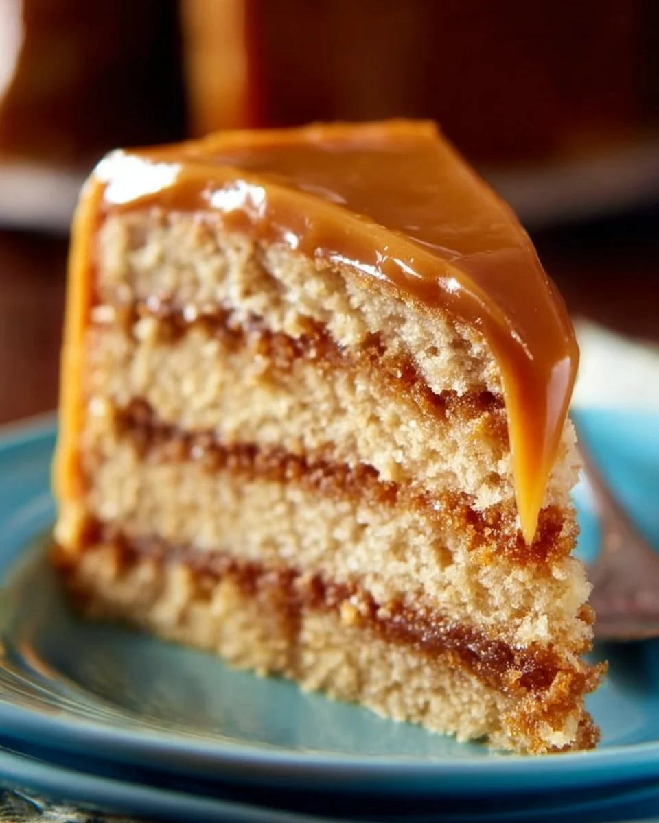 Delicious butterscotch cake topped with creamy frosting and caramel drizzle