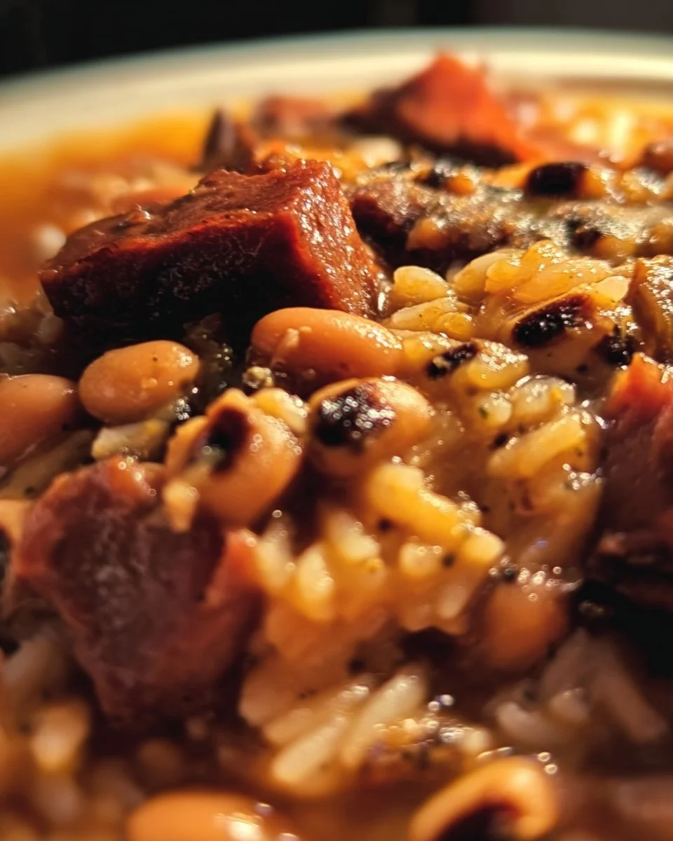 Cajun Black-Eyed Pea Stew with Sausage in a bowl, garnished and ready to serve