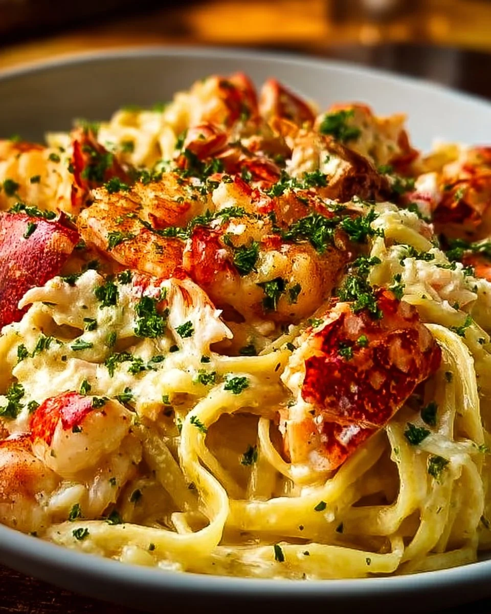 Delicious Cajun Seafood Alfredo with lobster and crab served in a creamy sauce.