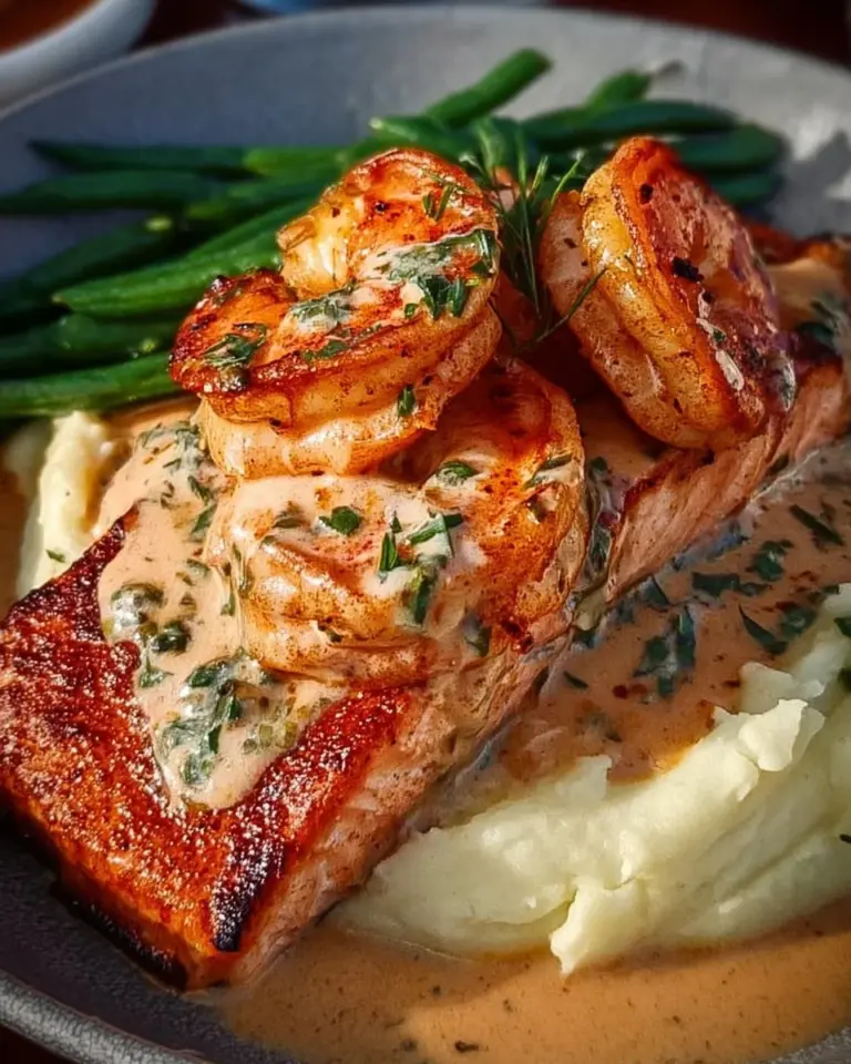 Cajun shrimp and salmon in garlic cream sauce on a plate