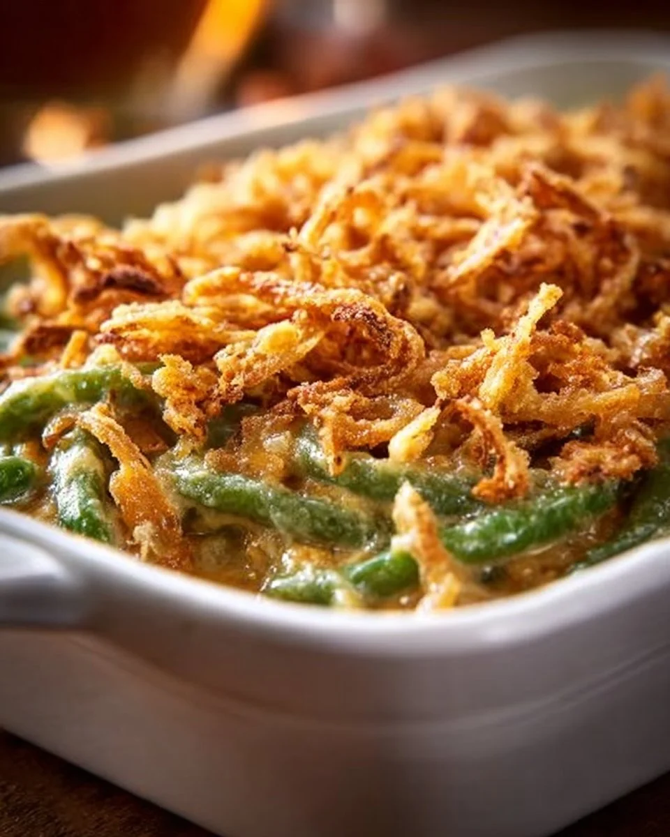 Delicious Campbell’s Green Bean Casserole topped with crispy onions