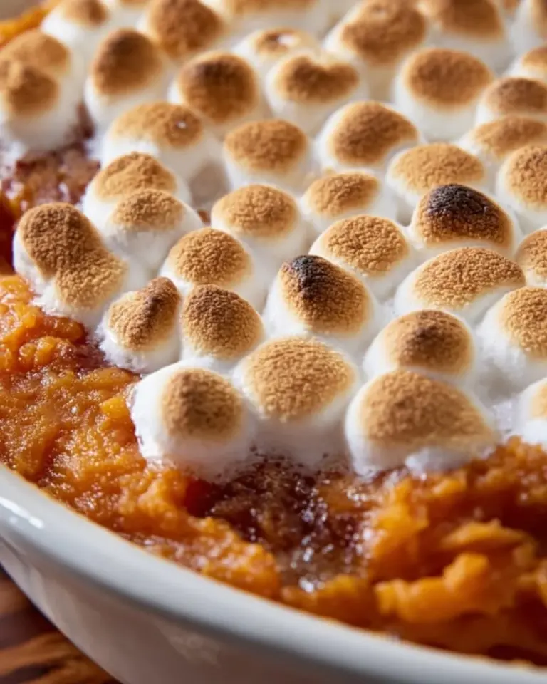 Delicious candied yams topped with marshmallows on a serving dish