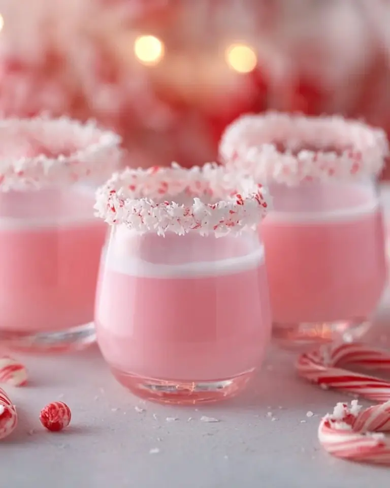 Festive candy cane shots served in festive glasses with mint decorations.