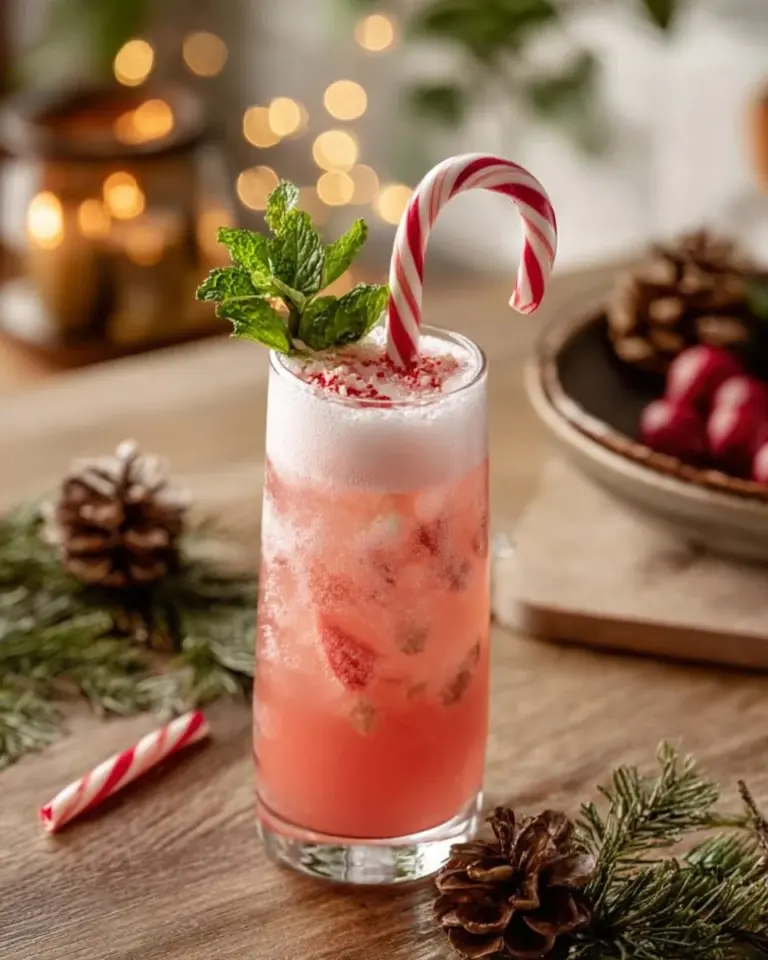 Candy Cane Spritzer recipe with festive candy cane garnish