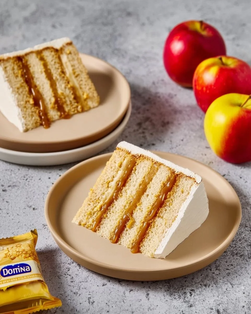 Delicious caramel apple cake topped with caramel drizzle and apple slices