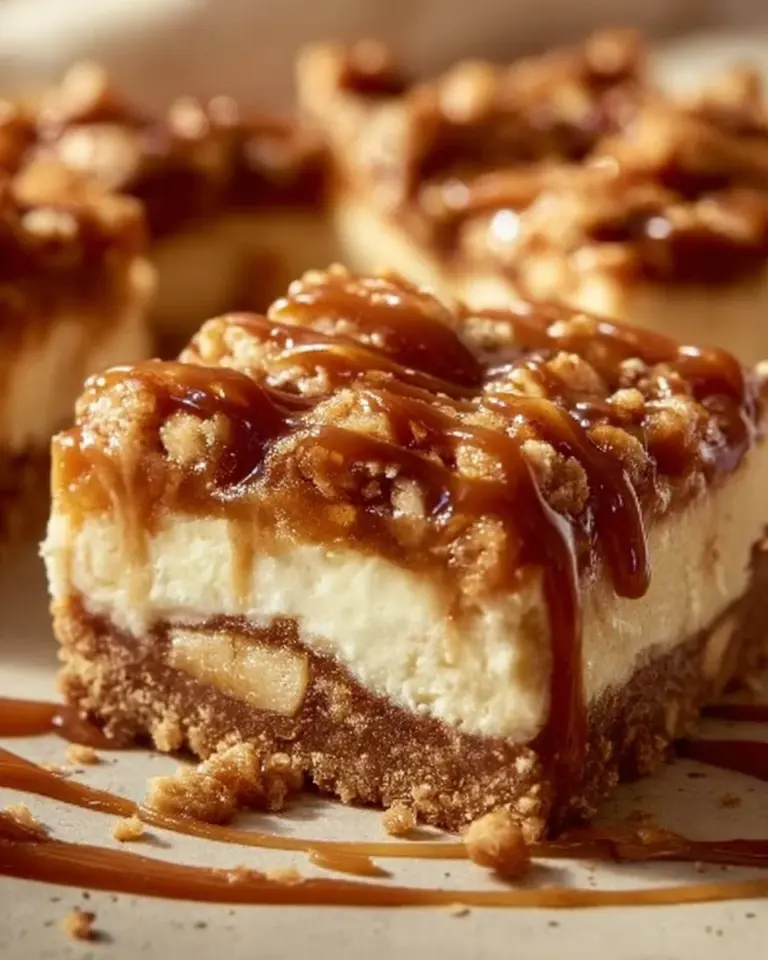 Delicious caramel apple cheesecake bars with caramel drizzle