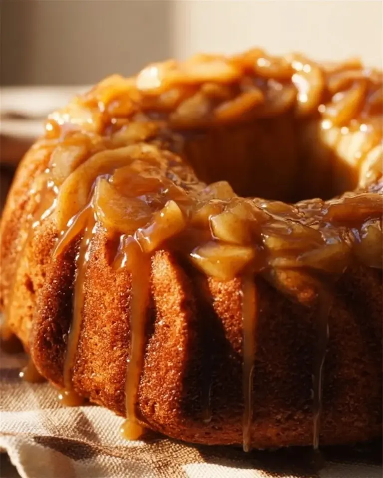 Caramel Apple Upside Down Bundt Cake topped with rich caramel glaze.