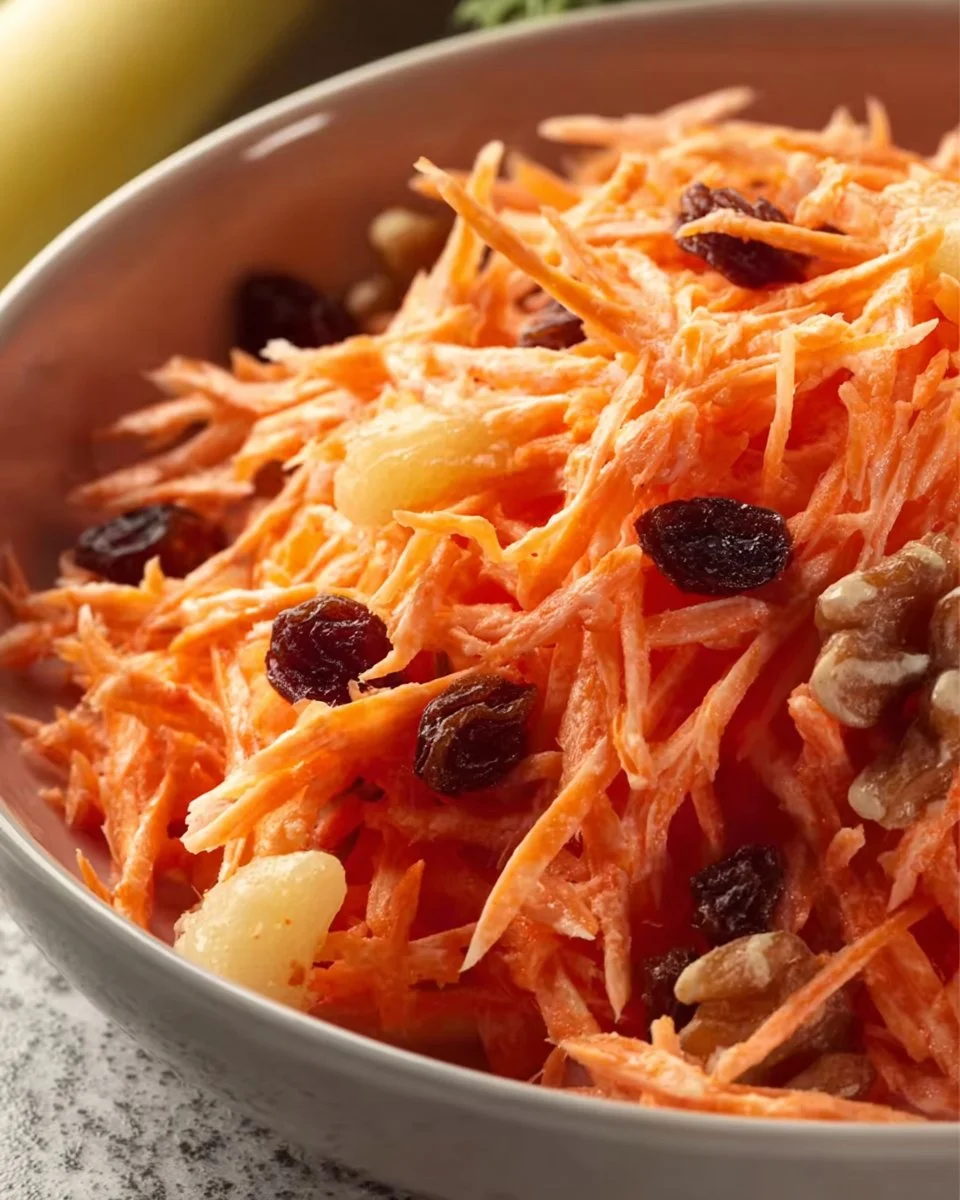 Carrot salad with raisins, pecans, and sweet pineapple served in a bowl