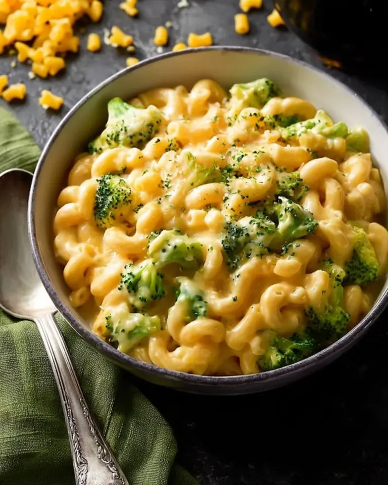 Creamy Cheddar and Broccoli Mac and Cheese dish with bubbling cheese