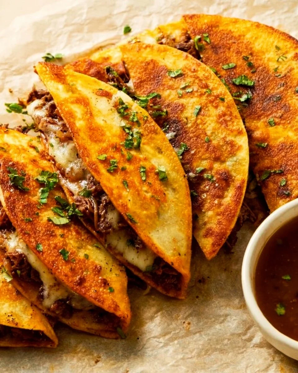 Delicious cheesy Birria tacos served with vibrant toppings and sauces