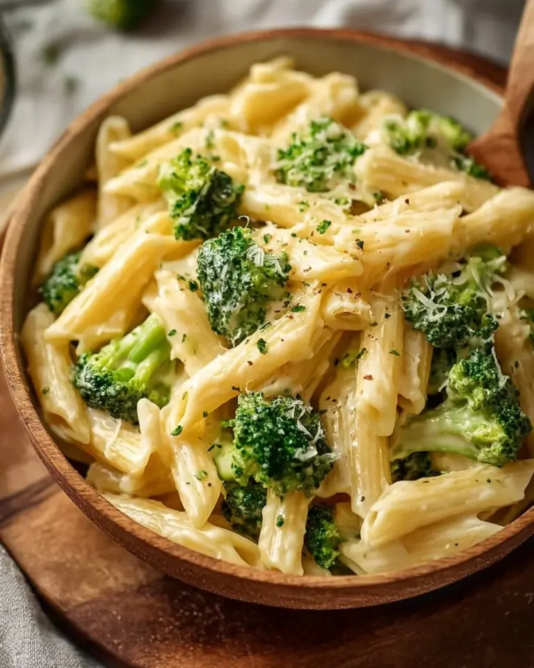 Cheesy broccoli pasta dish with fresh broccoli and melted cheese