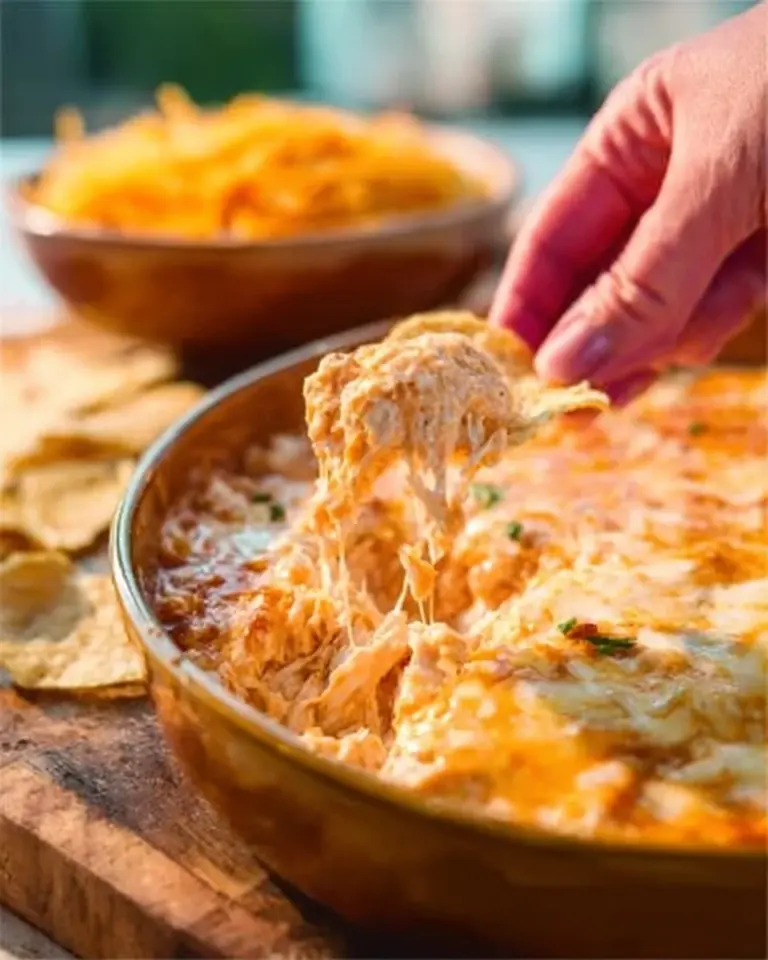 Cheesy Creamy Buffalo Chicken Dip served with tortilla chips