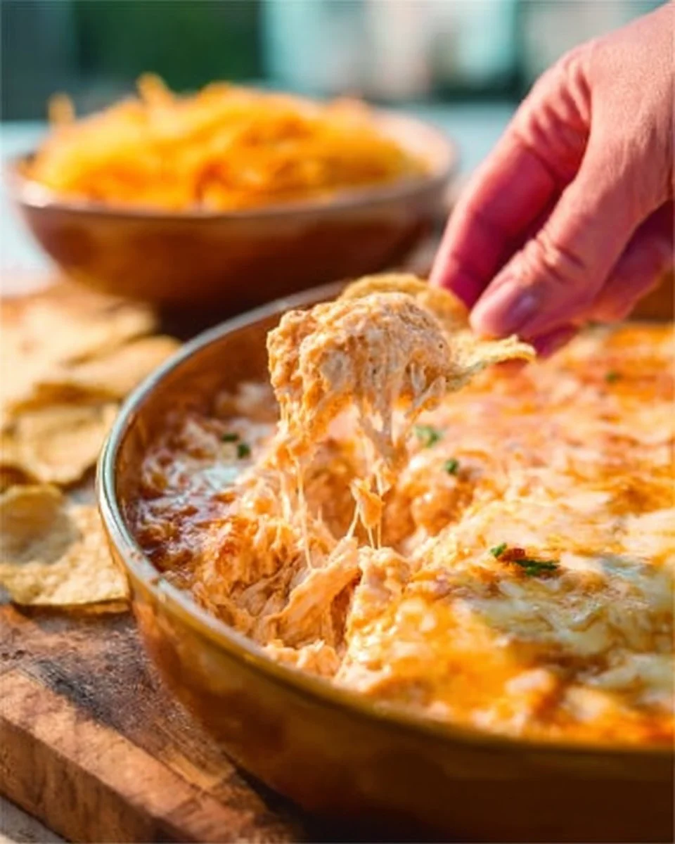Cheesy Creamy Buffalo Chicken Dip served with tortilla chips