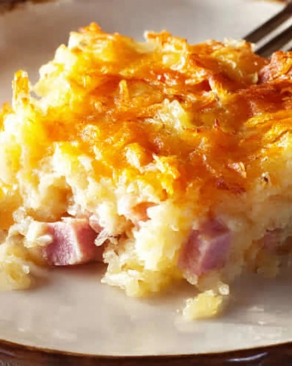 Delicious cheesy ham and hashbrown casserole baked to perfection