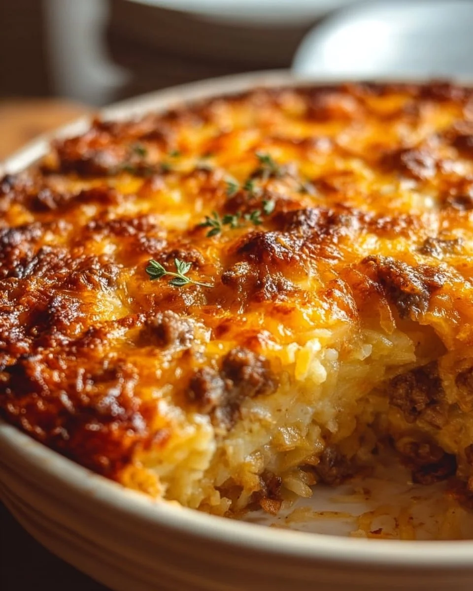 Cheesy hamburger hashbrown casserole fresh out of the oven