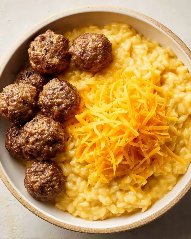 Bowl of cheesy orzo pasta topped with cheese and herbs