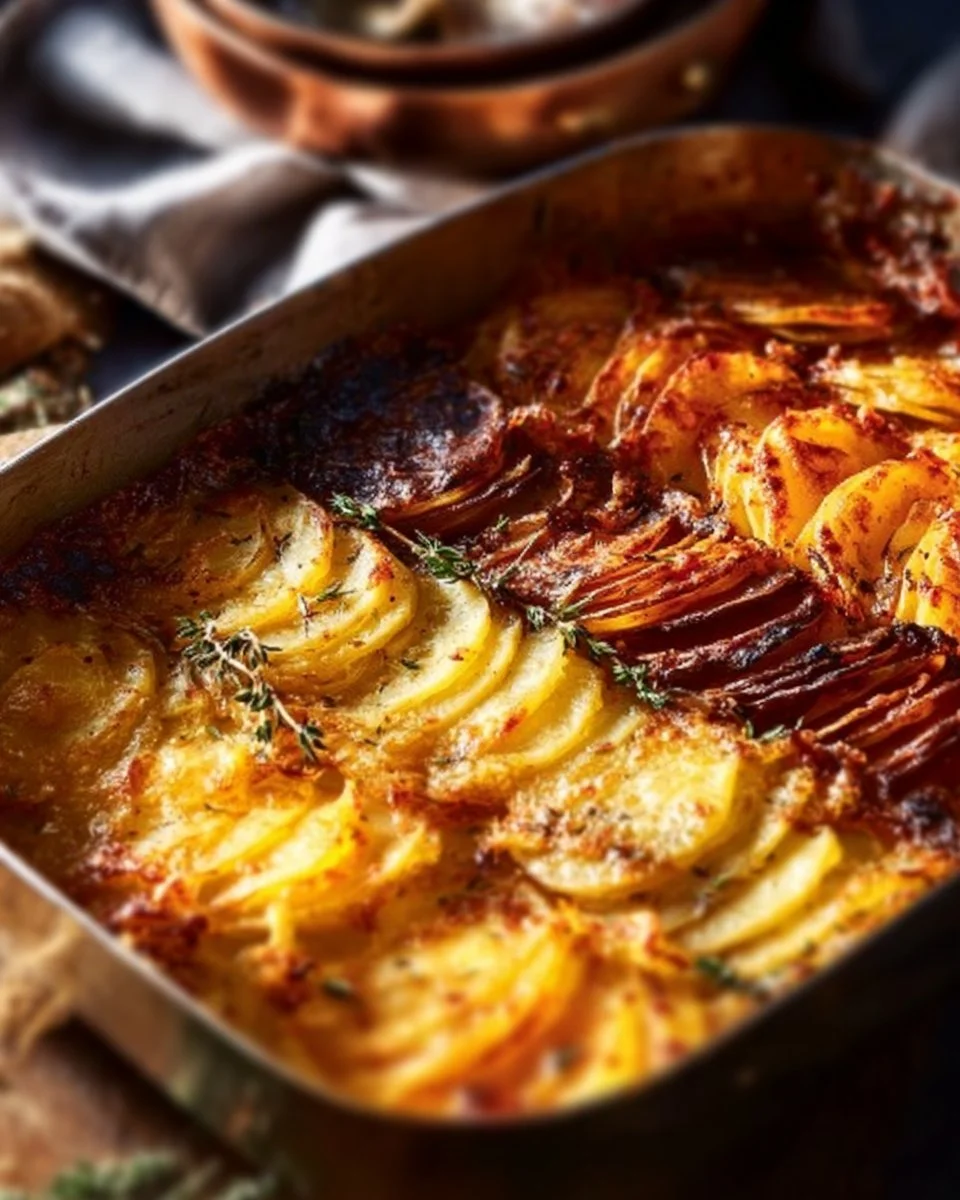 Cheesy root vegetable gratin baked with cheese and herbs in a casserole dish