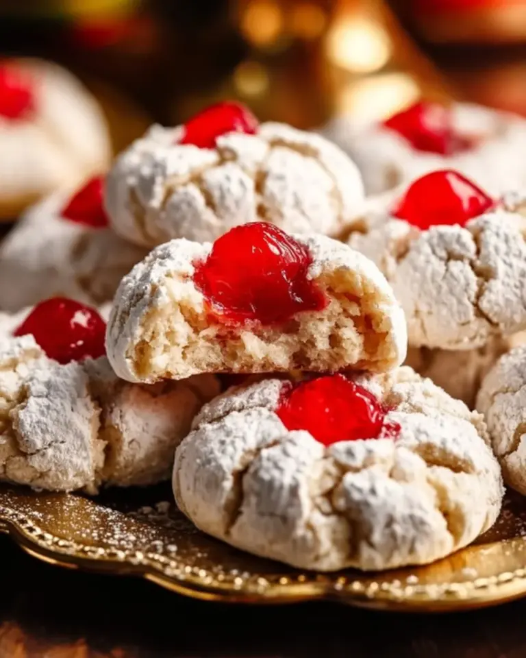 Freshly baked Cherry Almond Cookies with cherries and almonds on a plate