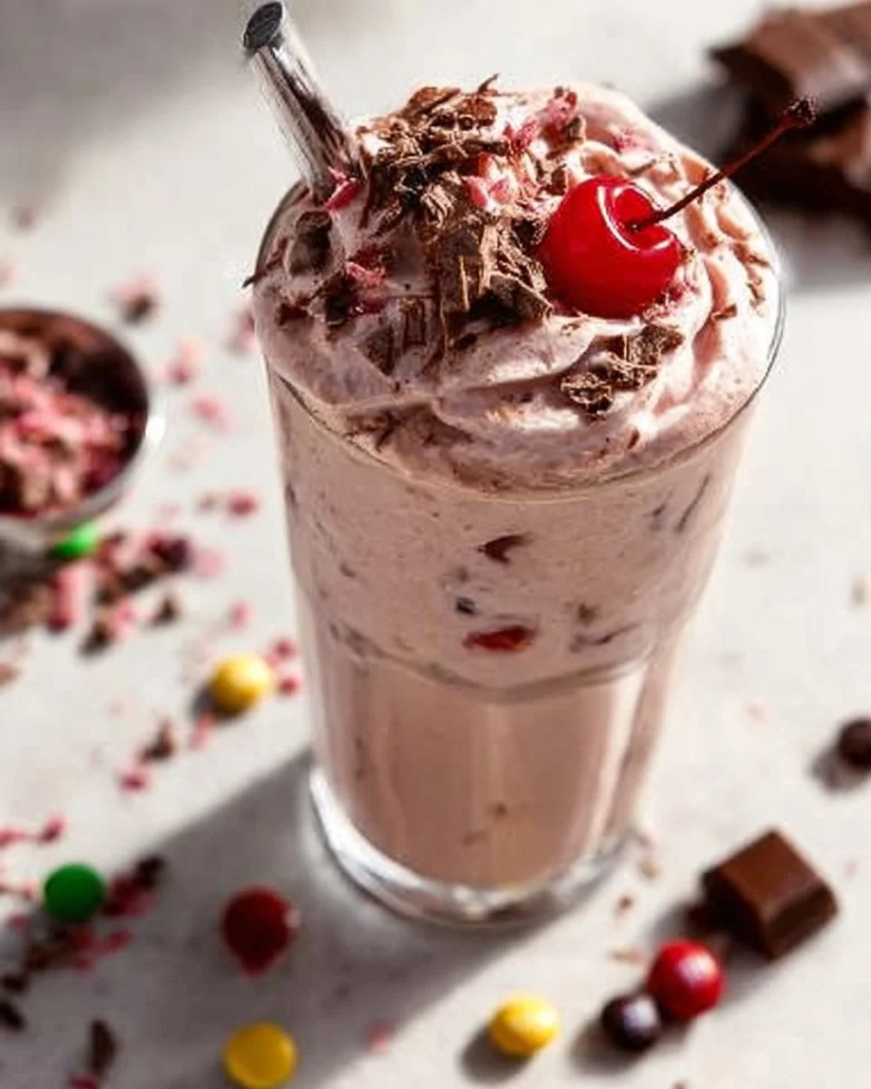 Delicious cherry chocolate milkshake topped with whipped cream and cherries