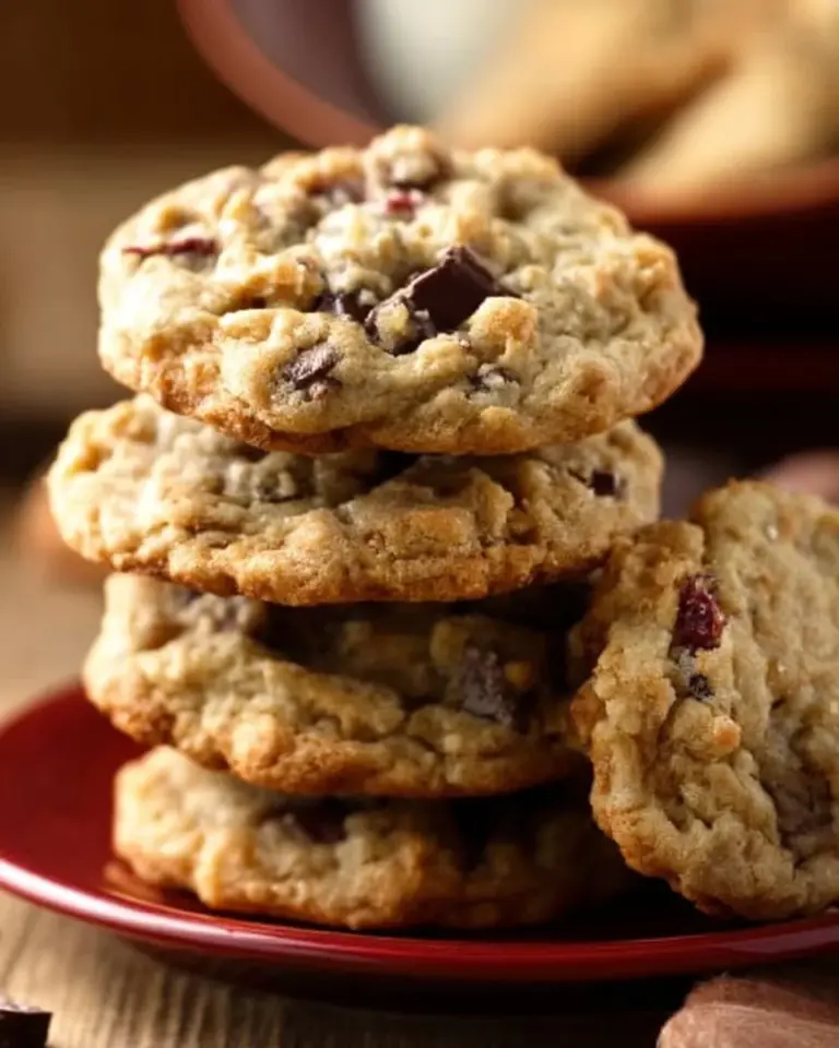 Chewy Cherry Cowboy Cookies stacked on a plate, ready to enjoy.