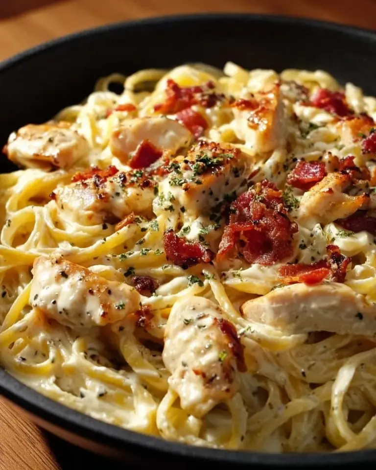 Creamy Chicken Bacon Ranch Pasta garnished with parsley in a white bowl.