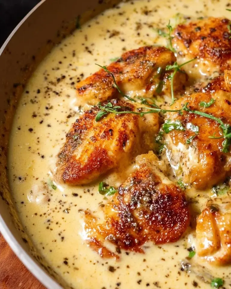Chicken breasts cooked in a creamy garlic sauce served on a plate.