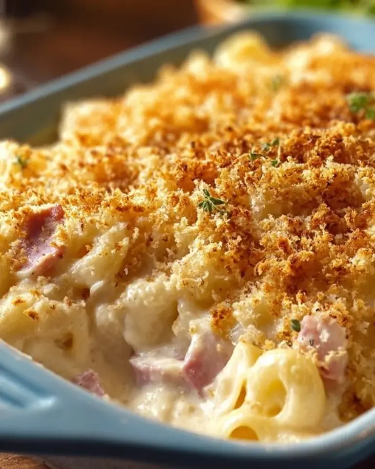 Delicious Chicken Cordon Bleu Casserole with layers of chicken, ham, and cheese