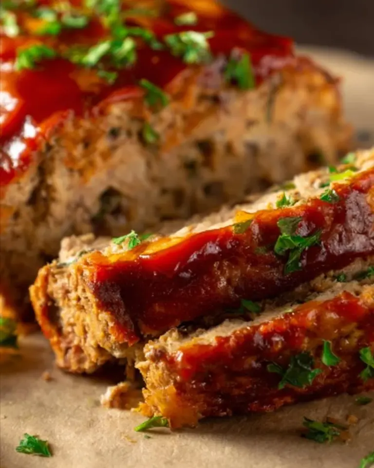 Homemade chicken meatloaf served with vegetables on a plate