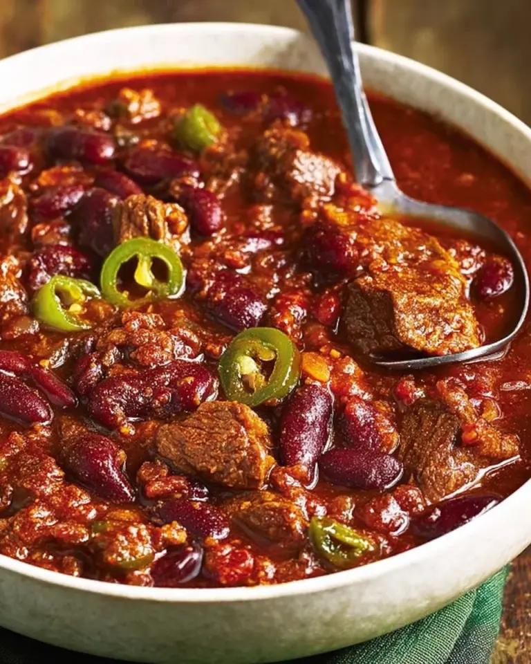 Bowl of chili with beef short rib and chorizo, garnished with fresh herbs