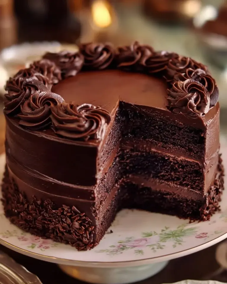 Delicious slice of Chocolate Buttermilk Cake topped with chocolate frosting