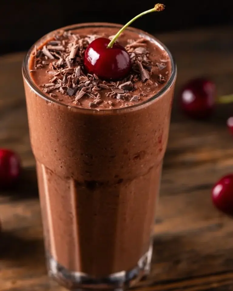 Chocolate cherry smoothie in a glass with fresh cherries and chocolate shavings